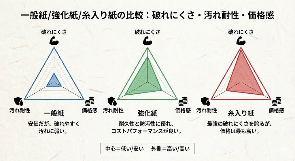 一般紙/強化紙/糸入り紙の比較:破れにくさ・汚れ体制・価格感