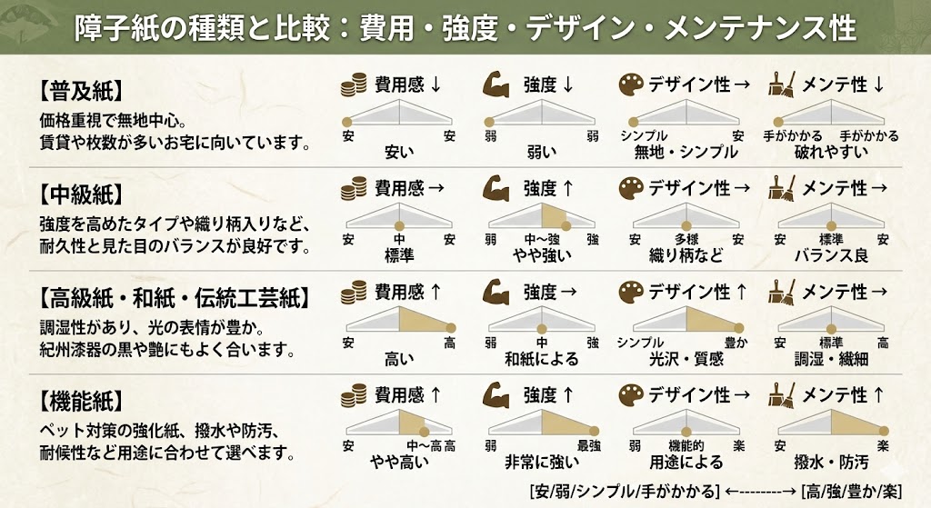 障子紙の種類と比較：費用・強度・デザイン・メンテナンス性