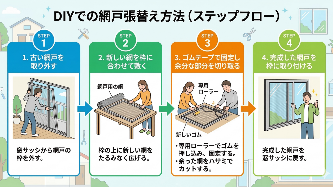  DIYでの網戸張替え方法（ステップフロー）