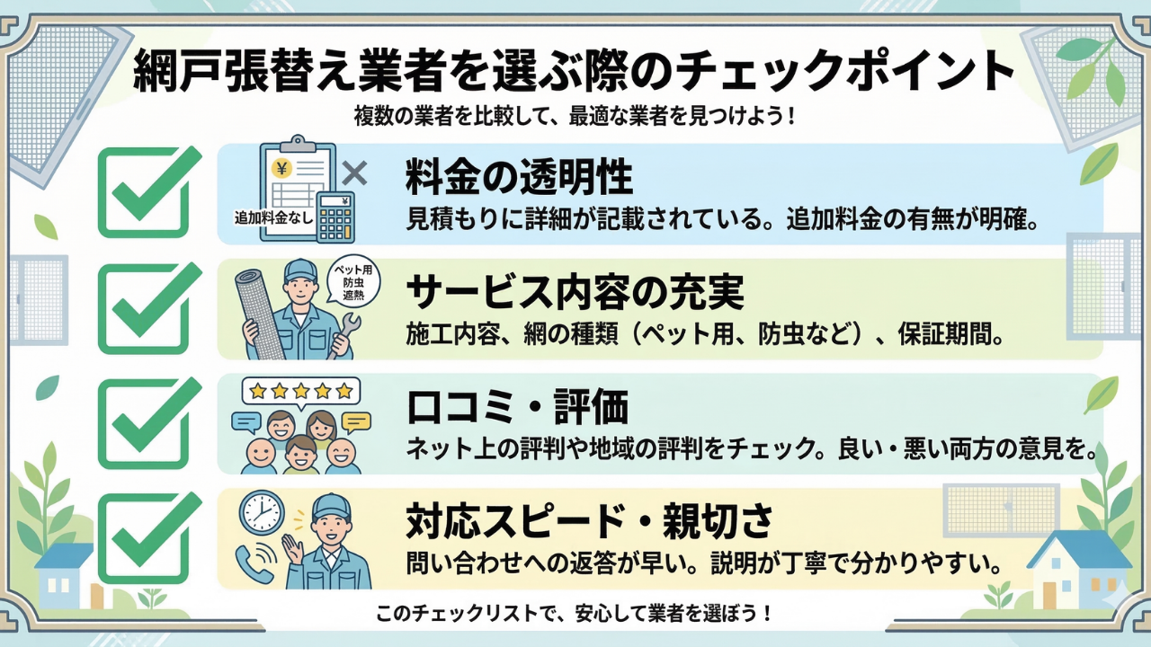網戸張替え業者を選ぶ際のチェックポイント