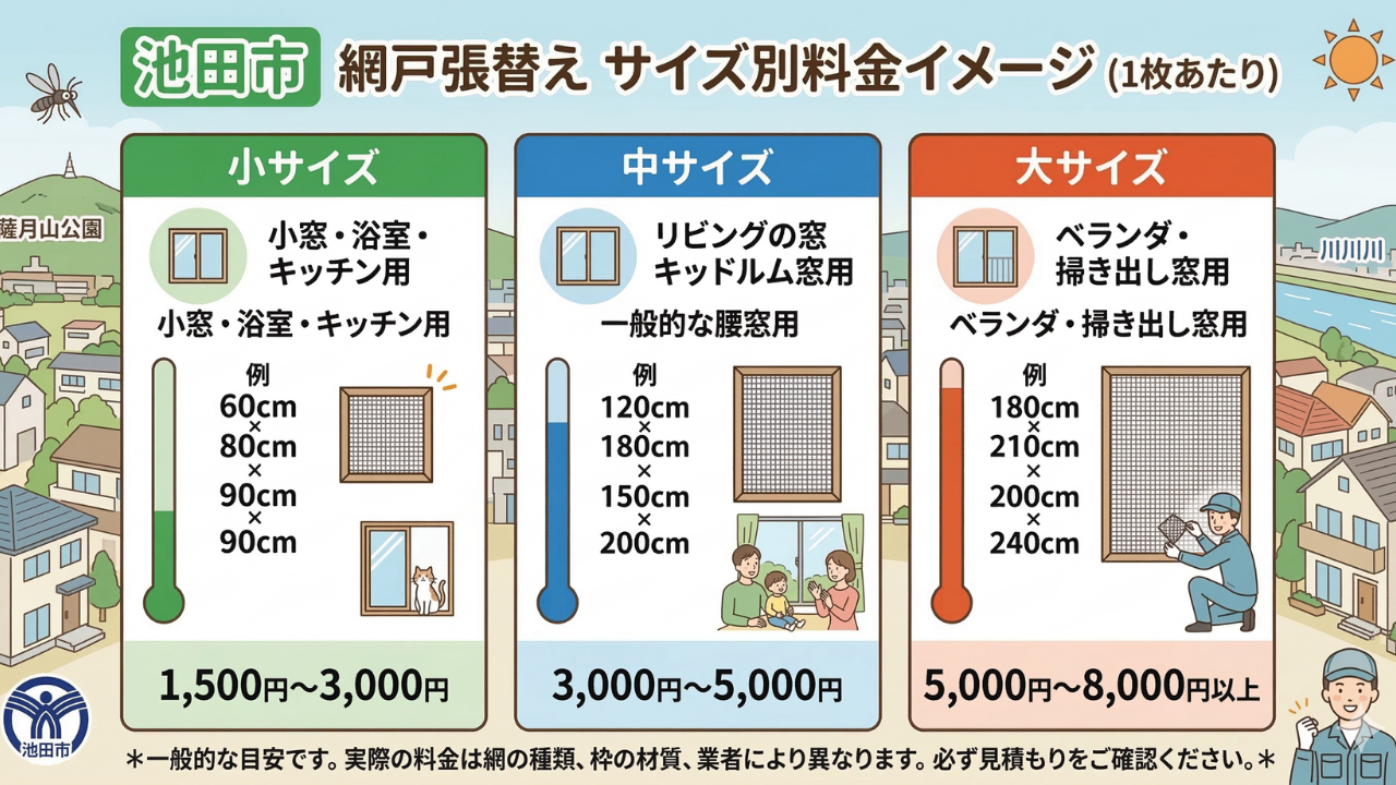 池田市　網戸張替えサイズ料金別イメージ（1枚あたり）