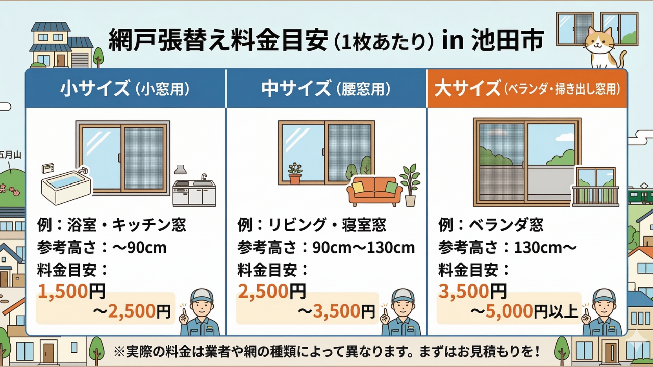 網戸張替え料金目安（1枚あたり）in 池田市