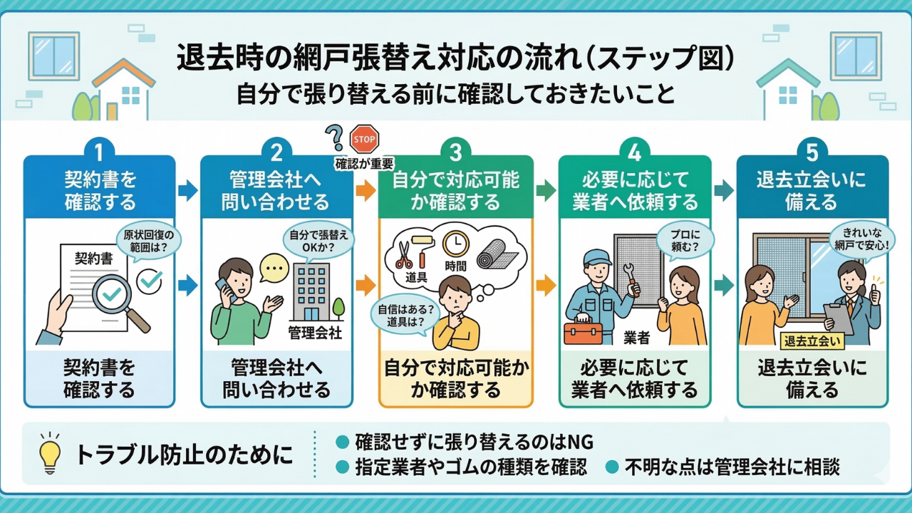 退去時の網戸張替え対応の流れ（ステップ図）