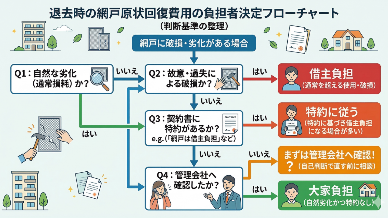 退去時の網戸原状回復費用の負担者決定フローチャート